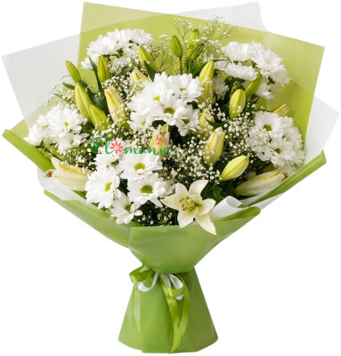Букет с белыми лилиями и хризантемами «Свежесть сада»