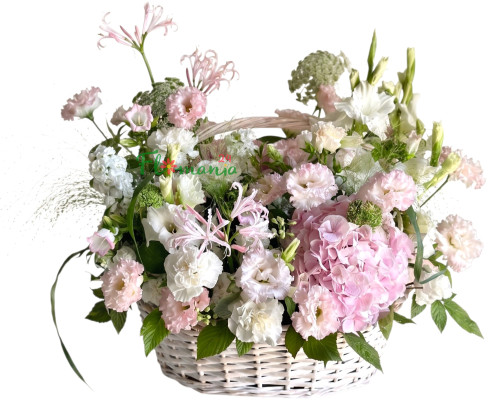 Большая корзина с гортензией и эустомой «Ажурный сад»